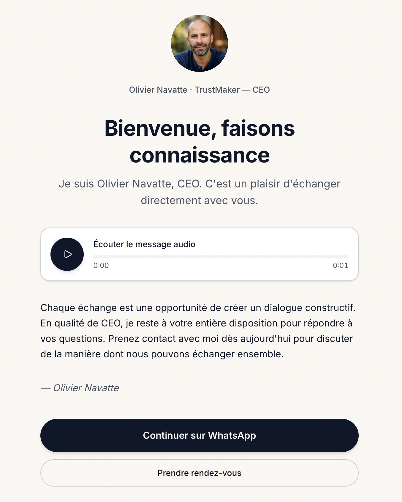 Aperçu d’une page TrustMaker : accueil audio et appel à l’action